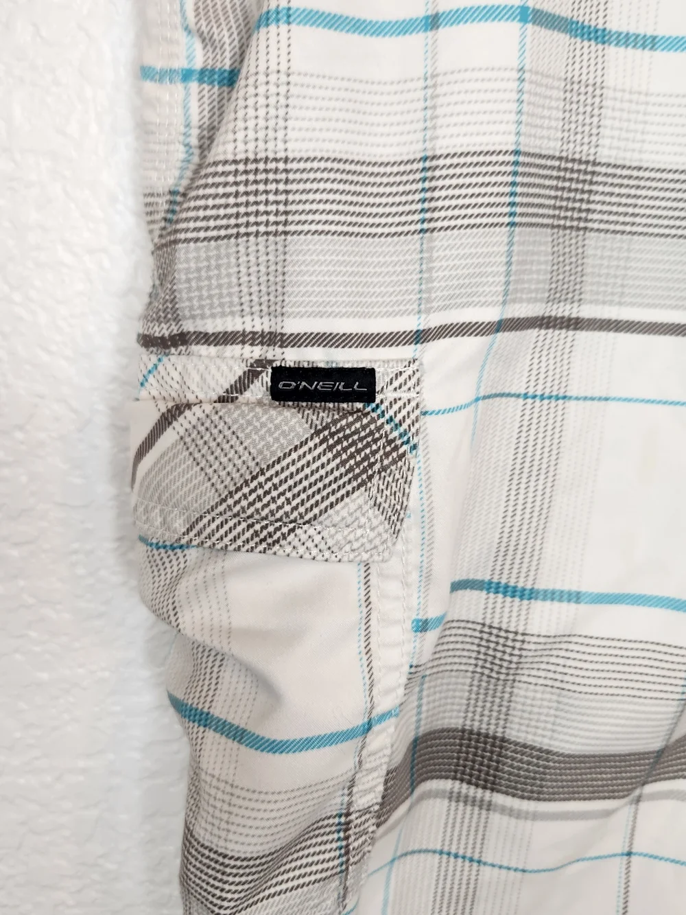 O'neill plaid board shorts men size 36 gray white turquoise swin trunks